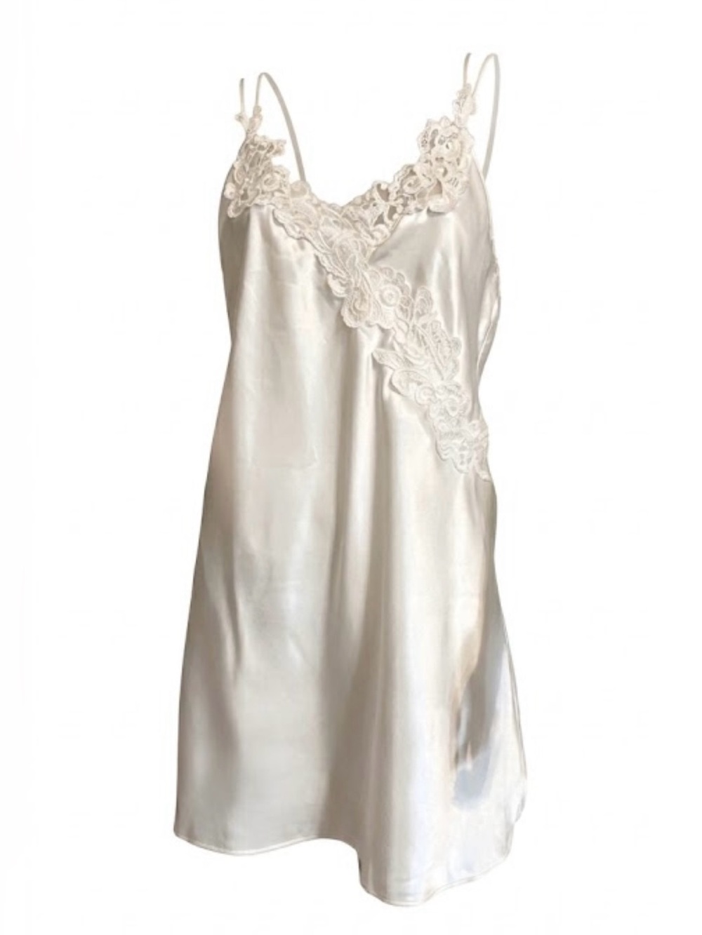 Vintage Ivory  Lace-Trim Slip Chemise with Delicate Embroidery
